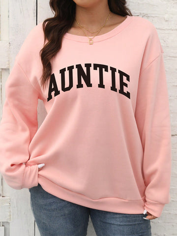 Plus Size Women Round Neck Oversized Sweatshirt With Letter Print And Drop Shoulder For Daily Wear