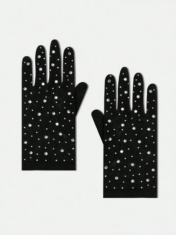 1pair Sxy, Street Style Bling Rhinestone Fingerless Gloves For Women, Fit For Concert/Festival/Party/Nightclub