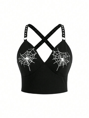 Plus Size Spider Web Print Cropped Slim Fit Tank Top