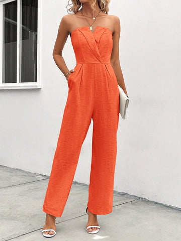 Summer Casual Solid Color Strapless Jumpsuit With Drawstring Waist