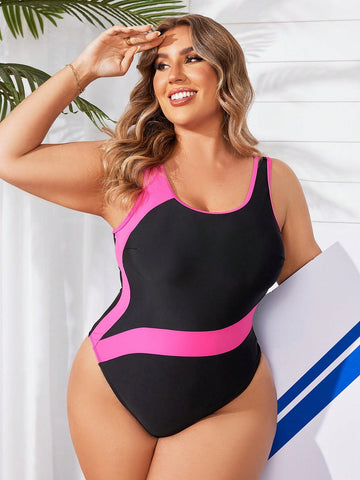 Plus Size Summer Beach Sporty Color Blocking One-Piece Swimsuit