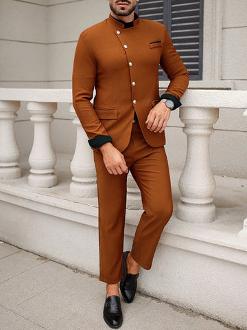Men Stand Collar Single Breasted Long Sleeve Suit Jacket And Suit Pants Business Travel Set
