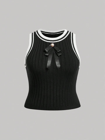 Plus Size Ribbed Sleeveless Knitted Top With Crew Neck