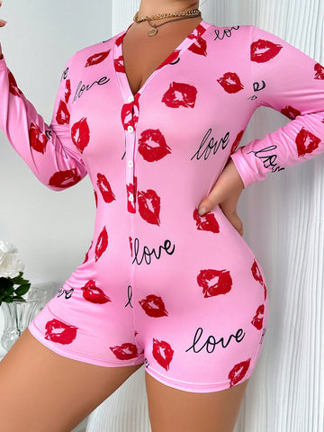 Plus Size Women Long Sleeve  Pajamas Romper With Lip Print