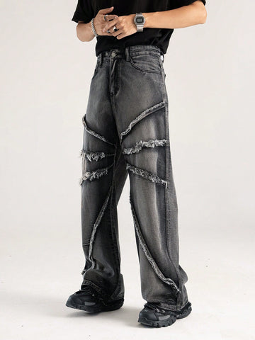 Men Spliced Denim Long Pants Suitable For Daily Wear In Spring And Summer