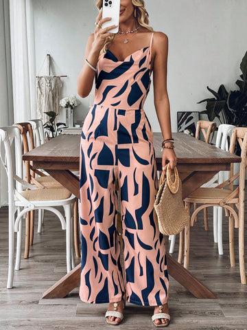 Women Printed V Neck Relaxed Fit Vacation Style Jumpsuit With Spaghetti Straps