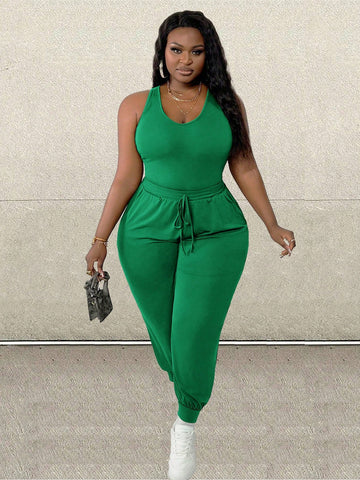 Slayr Plus Size- Casual Daily - Elastic Knitted Plain Unitard  Green U-Neck Tank Top And Pants Two-Piece Set For Summer