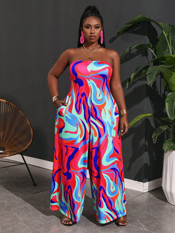 Plus Size Loose Full Printed Strapless Wide-Leg Jumpsuit For Summer Vacation