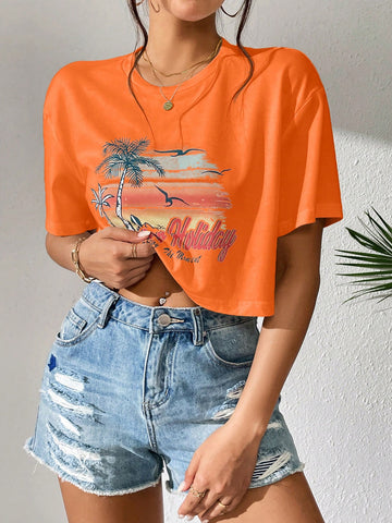 Summer Casual Coconut Tree & Letter Printing Short Sleeve Cropped T-Shirt