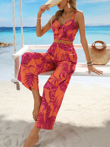 Women Tie Strap Holiday Matching Spring Summer Vest And Loose Casual Pants Two Piece Set