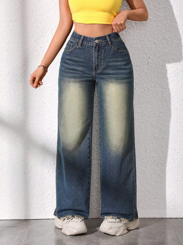 Women Four Seasons Fashionable Casual Water Washed Straight-Leg Jeans
