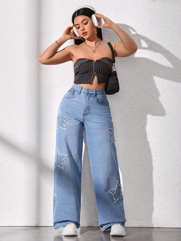 Women Casual Loose Fit Frayed Star Patched Straight Leg Jeans