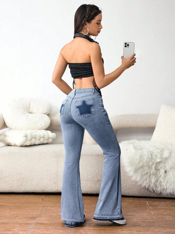Women Casual Flared Jeans With Contrasting Star Shaped Pockets And Slim Fit