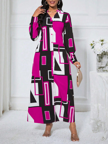 Spring Casual Geometric Printed Notch Collar Long Sleeve Long Dress With Color Blocking