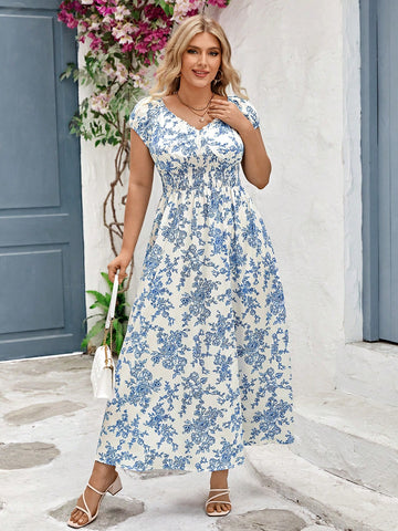 Plus Size Printed Waist Tie Casual Holiday Style Spring/Summer Dress