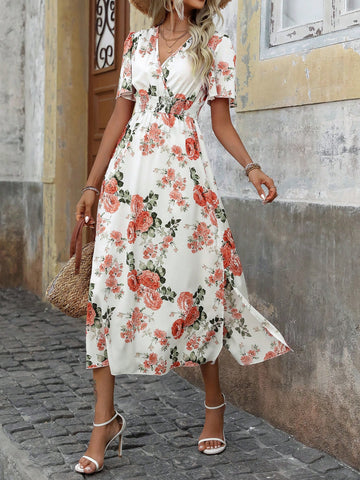 Spring/Summer Romantic Floral Print Waist-Wrapped A-Line Dress