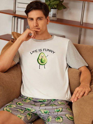 Men Avocado Slogan Print Short Sleeve Top With Color-Block Design And All-Over Print Shorts, Summer Home Suit