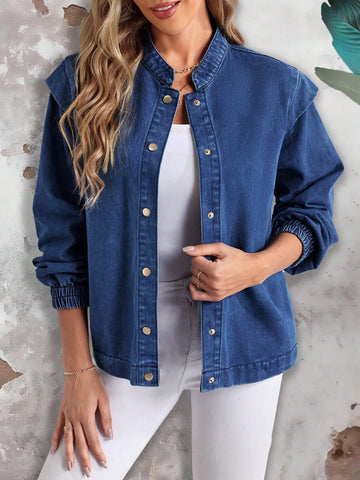 Women Fashionable Solid Color Long Sleeve Buttoned Denim Jacket