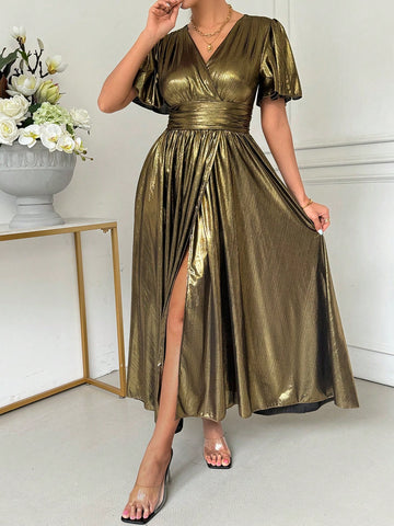 Women Summer Overlap V-Neck Metal Texture Long Dress With Short Ruffle Sleeves And Wrapped Waist, Perfect For Parties And Gatherings
