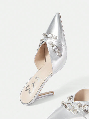Women's Silver Metallic Pu Pointed Toe Mule Stiletto Heels, Fashionable And Sexy