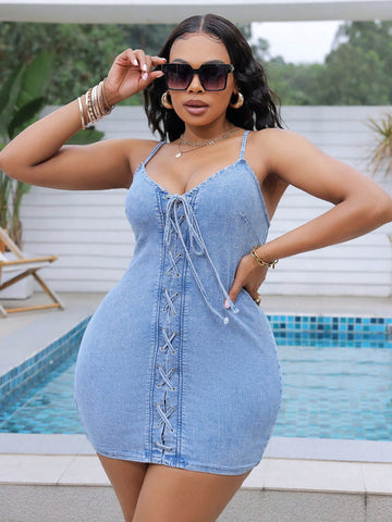 Plus Size Denim Mini Dress, Sexy Sleeveless Design With Elastic Straps And Blue Color