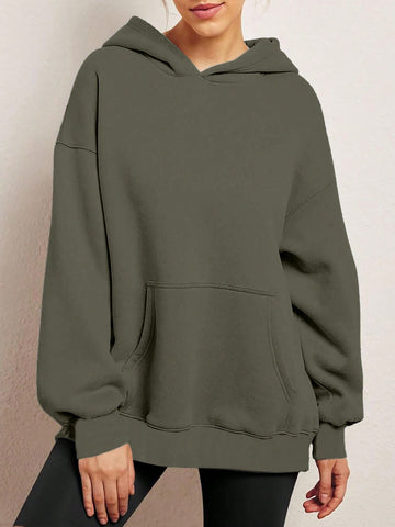 Women Autumn/Winter Solid Color Drop Shoulder Long Sleeve Hooded Sweatshirt With Pockets