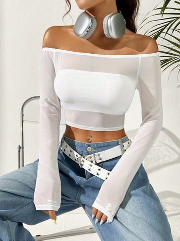 Women Casual White Mesh Perspective One-Shoulder Slim Cropped Top For Spring And Summer