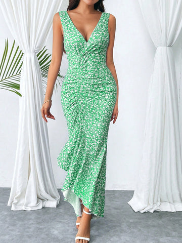 Women Fashionable Summer Printed Waist-Tightening Mermaid Dress