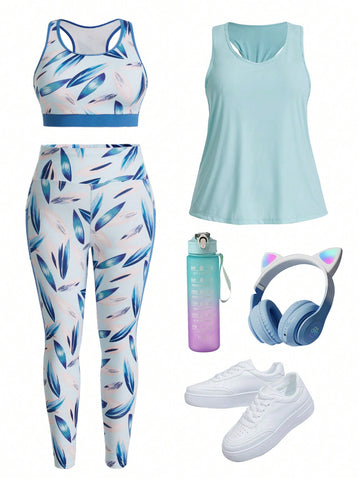 Plus Size Sporty Fitness Night Running Yoga Crop Top And Long Pants Set With Tummy Cover And Slimming Design In All-Over Print And Round Neckline Sleeveless Style