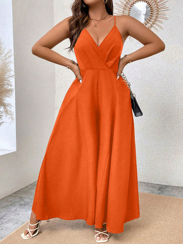Women Plus Size Solid Color Overlap V Neck Wide Leg Loose Jumpsuit With Spaghetti Straps For Summer