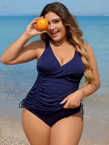 Plus Size Women Fashionable Summer Beach Simple Pleated Design Swimsuit