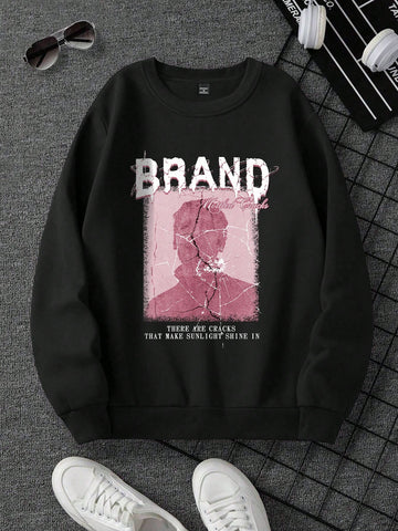 Men Spring And Autumn Loose Round Neck Sweatshirt Printed With Slogan Characters Long Sleeve Casual