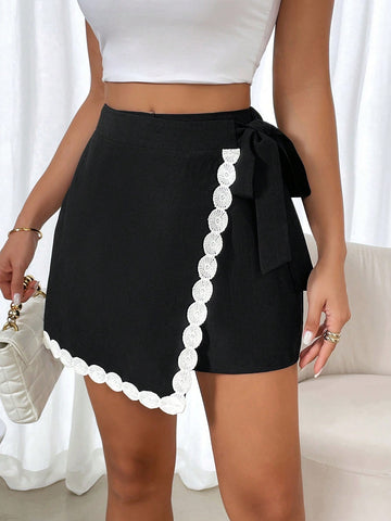 Women Embroidery Detail Side Tie Summer Fashionable Casual All-Match Shorts