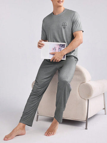 Men Letter Printed Round Neck Short Sleeve T-Shirt And Long Pants Casual Pajamas Set