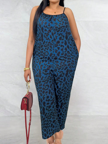 Plus Size Women Fashion Leopard Print Jumpsuit With Spaghetti Straps