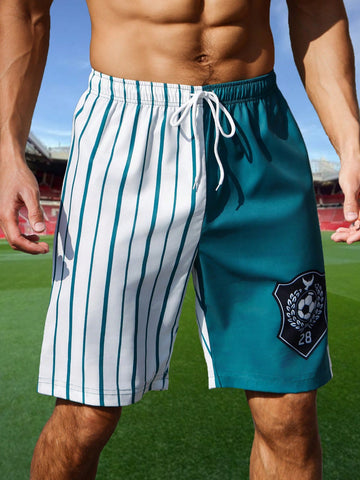 Men Football Striped Printed Drawstring Summer Shorts