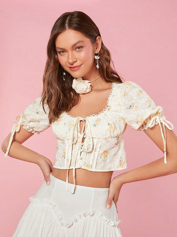 Women Summer Spring Romantic Holiday Cute Fashionable Floral Print Lace Edge Puff Sleeve Blouse