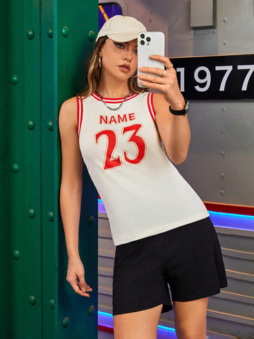 Women Letter Printed Jersey & Street Swear Basketball Sports Casual Tank Top And Shorts Set