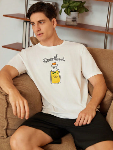 Men Cartoon And Letter Printed Short Sleeve Homewear Top