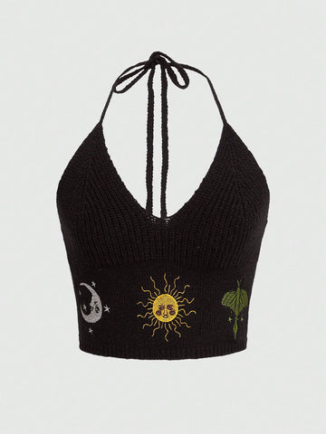 Women Fashion Sunflower Print Halter Knitted Sweater