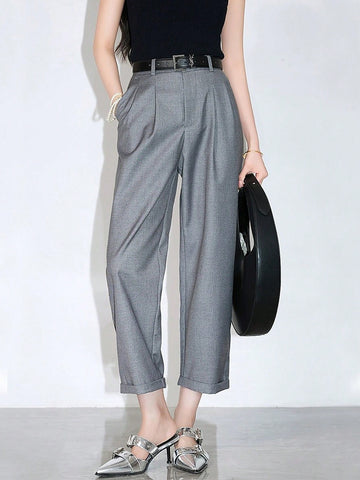 Women Pleated Slanted Pocket Turn-Up Hem Fashionable Casual Straight Suit Pants