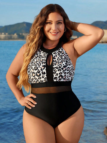 Summer Beach Plus Size Leopard Print Spliced Mesh Hollow Out Backless Halter One Piece Swimsuit
