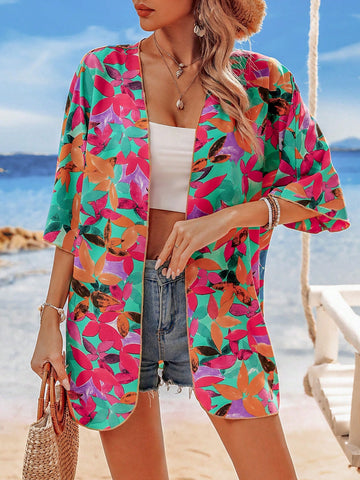 Batwing Sleeve Leisure Coat With Allover Print, Suitable For Summer Beach
