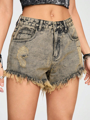 Grunge Frayed Hem Vintage Retro Washed Women's Denim Shorts
