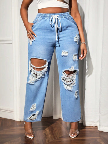 Plus Size Elastic-Free Stylish Distressed Jeans With Drawstring Waistband And Loose Fit