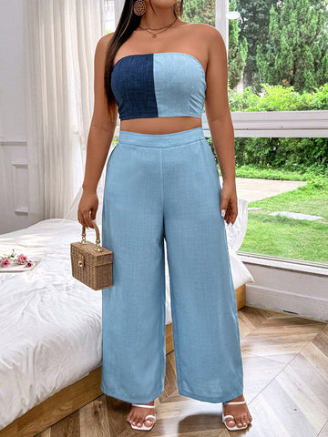 Plus Size Casual Holiday Color-Blocked Short Bustier Top And Wide-Leg Pants Two-Piece Set