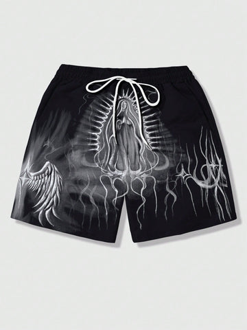 Men's Gothic Style Printed Weave Drawstring Waist Casual Shorts, Suitable For Daily Wear In Spring And Summer