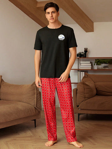 Men Letter Print Round Neck Short Sleeve T-Shirt And Geometric Print Long Pants Homewear Set