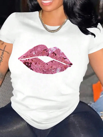 Patchwork Sparkly Lips Pattern Casual Short Sleeve Summer T-Shirt