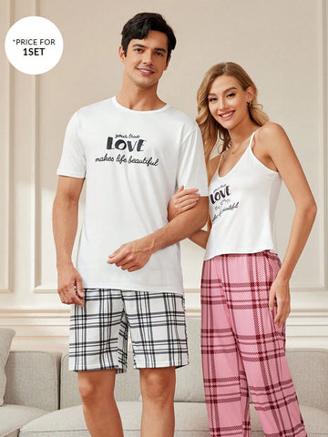 1pc/Svt Men's Household Suit With Slogan Print Short Sleeve T-Shirt And Checked Shorts